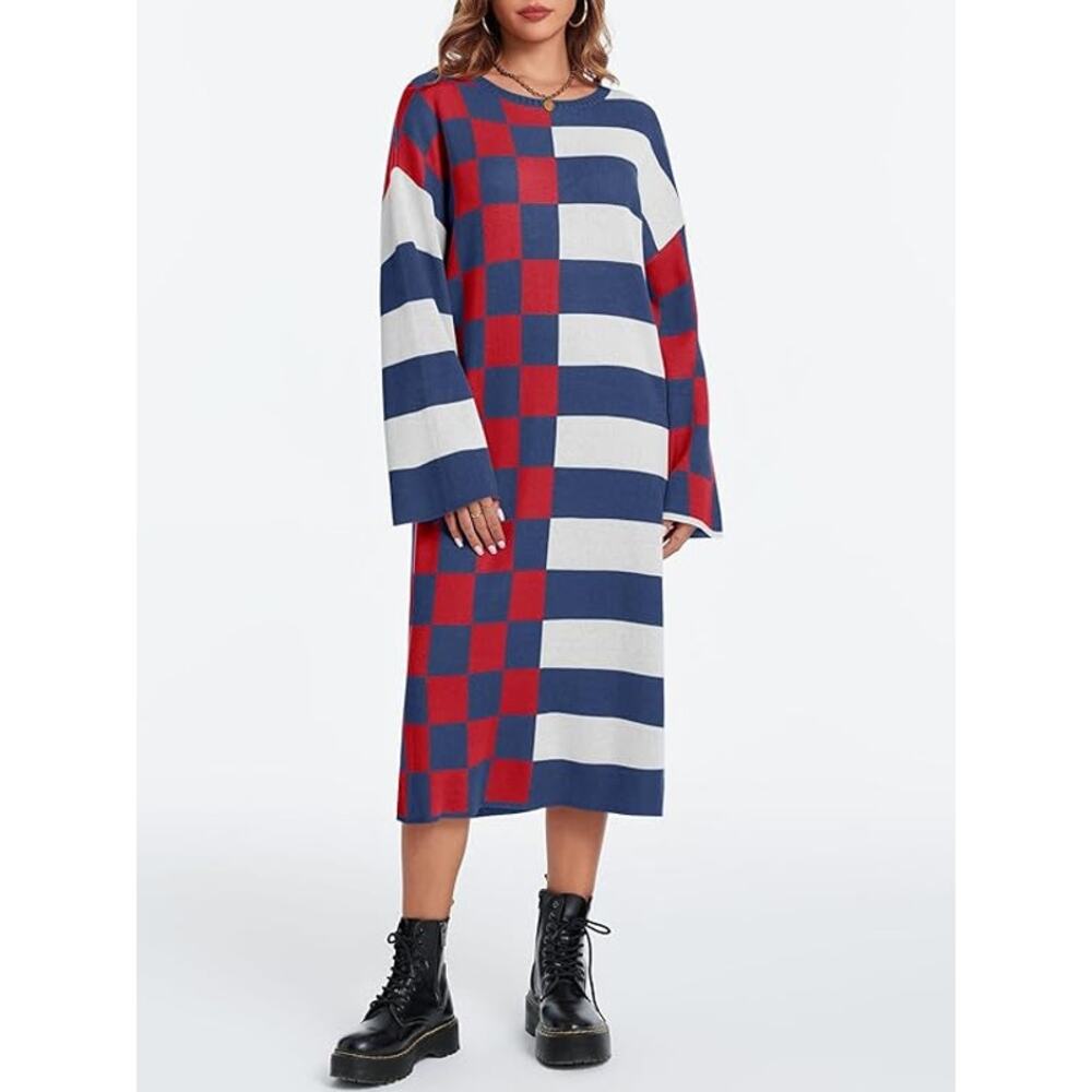 Checked Stripe Midi Dress in Red, Navy & White